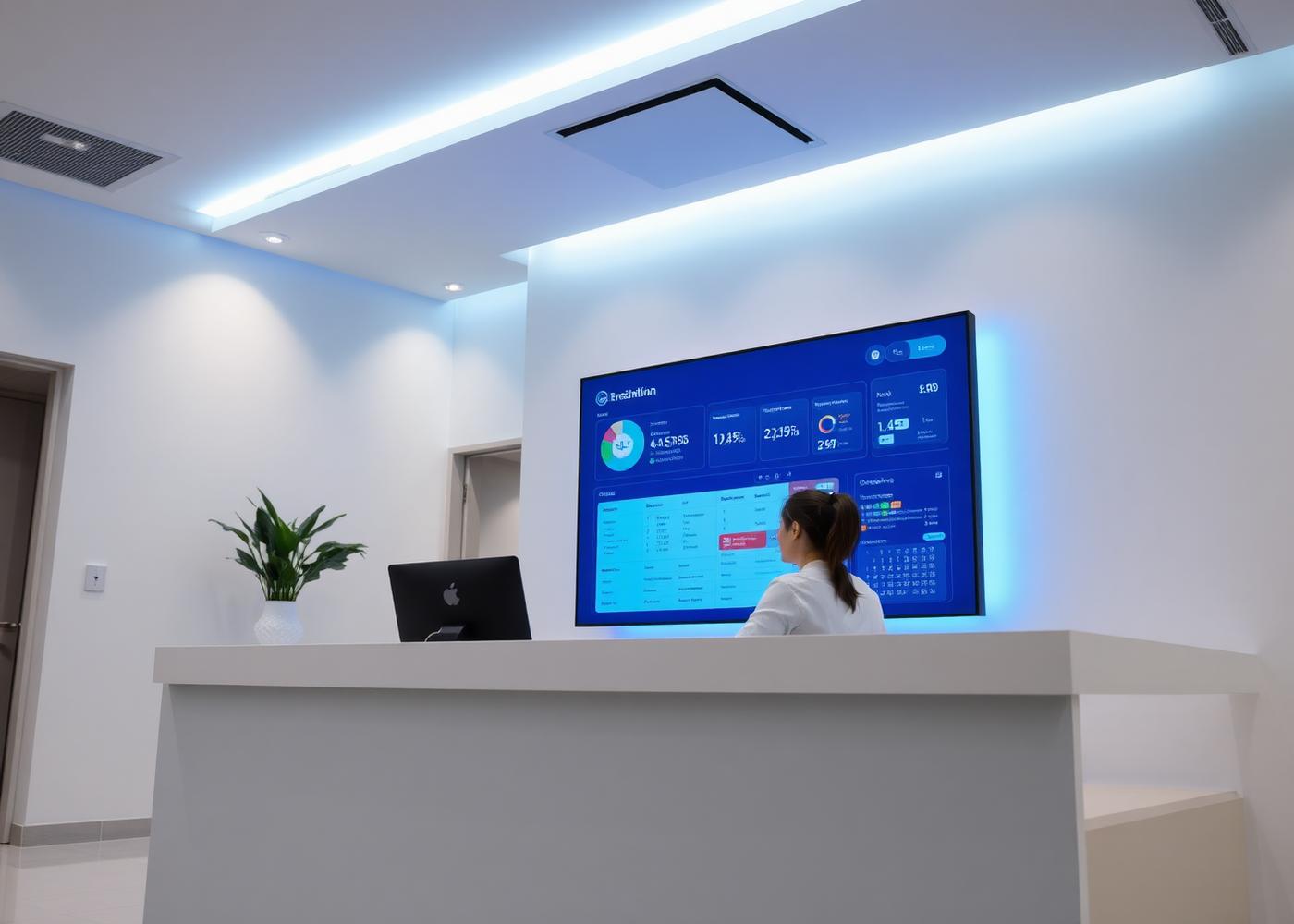 Recepción de un negocio moderno con un panel administrativo en pantalla
