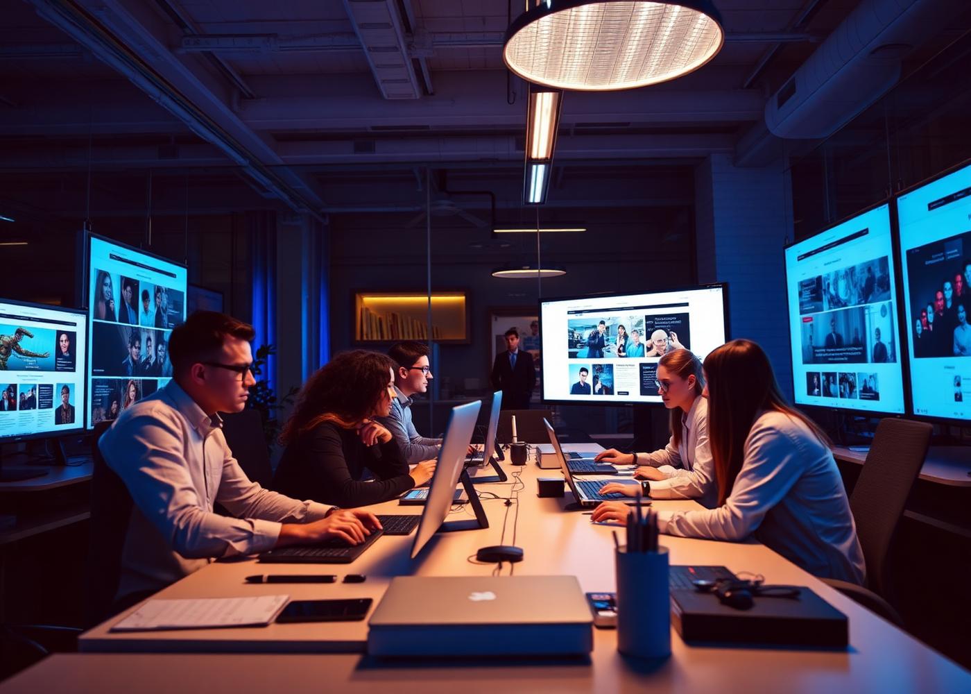 Equipo profesional revisando diseños de páginas web en pantallas grandes